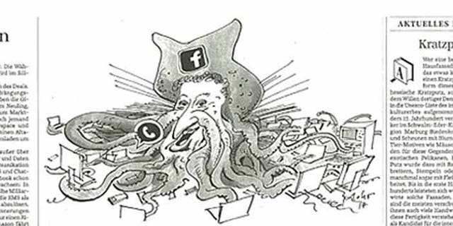 This cartoon, in the German newspaper Süddeutsche Zeitung, depicts Facebook founder Mark Zuckerberg in a manner deemed anti-semitic by critics.