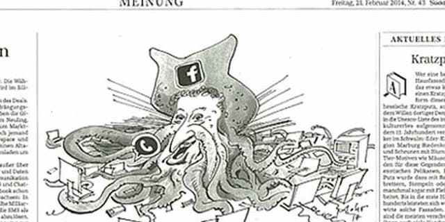 This cartoon, in the German newspaper Süddeutsche Zeitung, depicts Facebook founder Mark Zuckerberg in a manner deemed anti-semitic by critics.