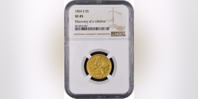 Mistakenly believed by its anonymous New England owner to be a fake, this historic gold coin now has been authenticated as âthe discovery of a lifetimeâ by Numismatic Guaranty Corporation (www.NGCcoin.com) in Sarasota, Florida as only the fourth known surviving example of a $5 denomination coin struck at the San Francisco Mint during the California Gold Rush in 1854. It is worth millions of dollars, according to NGC. Photos courtesy of Numismatic Guaranty Corporation www.NGCcoin.com. (PRNewsfoto/Numismatic Guaranty Corporation)