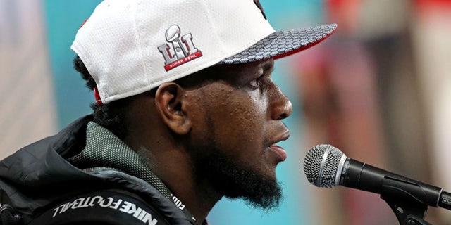 Jan 30, 2017; Houston, TX, USA; Atlanta Falcons wide receiver Mohamed Sanu (12) during Super Bowl LI Opening Night at Minute Maid Park. Mandatory Credit: Matthew Emmons-USA TODAY Sports - RTX2YWYN