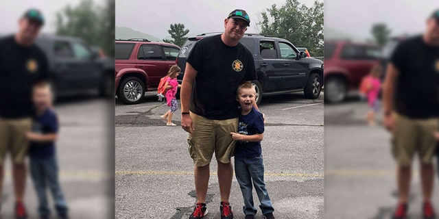 Cooper was accompanied by his dad's colleagues, Assistant Fire Chief Josh Kemp and firefighter Ty Wallace.