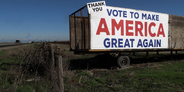 A Donald Trump sign along a highway near Los Banos, California.