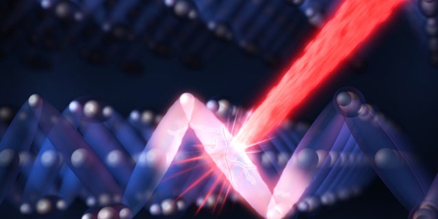 An optical laser pulse (the red streak) shatters the ordered electronic structure (blue) in an insulating sample of magnetite, switching the material to electrically conducting (red) in one trillionth of a second.