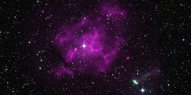Racing away from the supernova remnant where it was born, a compact, rapidly rotating star, appearing green, may be the fastest-moving pular yet discovered.