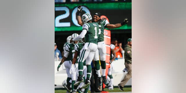 New York Jets quarterback Michael Vick (1) celebrates a touchdown with Calvin Pryor during the first half of an NFL football game against the Pittsburgh Steelers, Sunday, Nov. 9, 2014, in East Rutherford, N.J. (AP Photo/Kathy Willens)