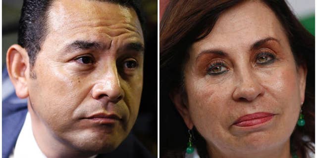 FILE - This combination of two file photos shows, at left, presidential frontrunner candidate Jimmy Morales, of the National Front of Convergence party, at a Sept. 7, 2015 press conference in Guatemala City, and Sandra Torres, National Unity of Hope presidential candidate, at an Aug. 29, 2015 campaign rally in Escuintla, Guatemala. The country's electoral tribunal has declared on Tuesday, Sept. 16, 2015, that Morales a former television comedian and Torres a former first lady are the top two finishers in the Sept. 6 presidential vote. The two will compete in the Oct. 25 runoff to be the next president of Guatemala. (AP Photo/Luis Soto, File)