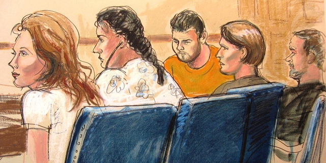 June 28: A courtroom sketch shows, from left, Anna Chapman, Vicky Pelaez, the defendant known as "Richard Murphy", the defendant known as "Cynthia Murphy" and the defendant known as "Juan Lazaro" in a federal court in New York City.