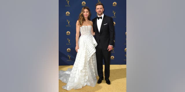 Jessica Biel and Justin Timberlake arrive at the 70th Primetime Emmy Awards on Sept. 17, 2018, at the Microsoft Theater in Los Angeles. (Photo by Jordan Strauss/Invision/AP)