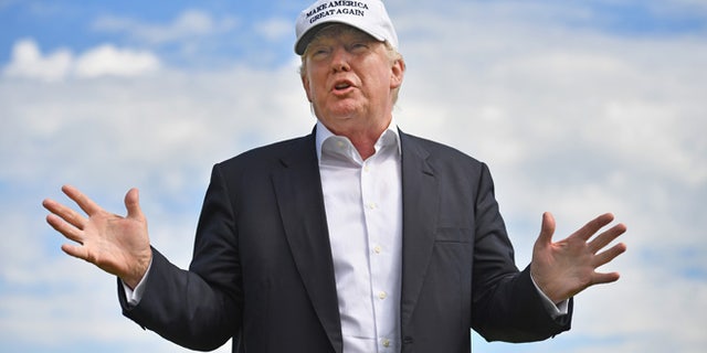 ABERDEEN, SCOTLAND - JUNE 25: Presumptive Republican nominee for US president Donald Trump visits Trump International Golf Links on June 25, 2016 in Aberdeen, Scotland. The US presidential hopeful was in Scotland for the reopening of the refurbished Open venue golf resort Trump Turnberry which has undergone an eight month refurbishment as part of an investment thought to be worth in the region of two hundred million pounds. (Photo by Jeff J Mitchell/Getty Images)