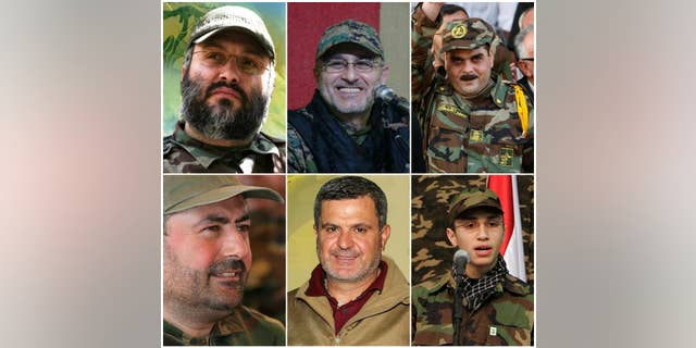 COMBO - this combo made up of six images shows Hezbollah top commanders who were killed in Syria, top row from left, Imad Mughniyeh, Mustafa Badreddine and Samir Kantar, at bottom row from left are Hassan Hussein al-Haj, Ali Fayyadh and Jihad Mughniyeh. Since Hezbollah joined Syria's civil war in 2012 to support President Bashar Assad, it has lost several prominent members in combat and has gained a broader range of enemies. (Hezbollah Media Department via AP)