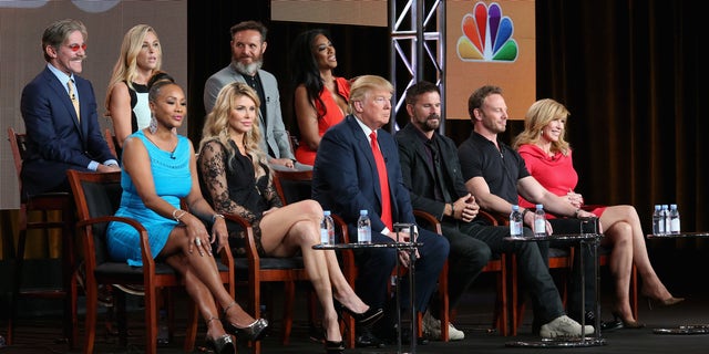 PASADENA, CA - JANUARY 16:  (L-R top row) Geraldo Rivera, TV personality Kate Gosselin, executive producer Mark Burnett and actress Kenya Moore. (L-R bottom row) Actress Vivica A. Fox, TV personality Brandi Glanville, executive producer/host Donald Trump, actor Lorenzo Lamas, actor Ian Ziering and Tv personality Leeza Gibbons speak onstage during the 'The Celebrity Apprentice' panel discussion at the NBC/Universal portion of the 2015 Winter TCA Tour at the Langham Hotel on January 16, 2015 in Pasadena, California.  (Photo by Frederick M. Brown/Getty Images)