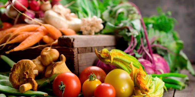 A selection of fresh organic vegetables on display. Shallow dof