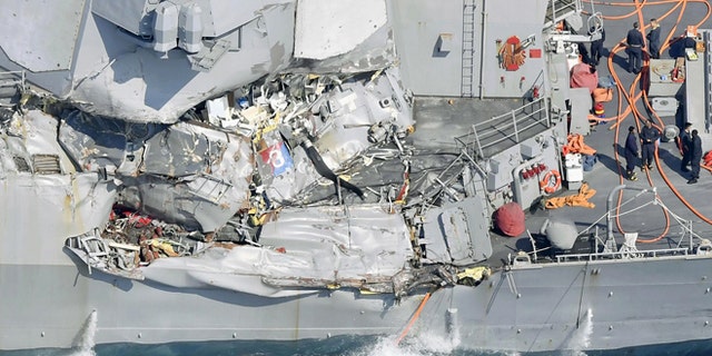 The damage of the right side of the USS Fitzgerald is seen off Shimoda, Shizuoka prefecture, Japan