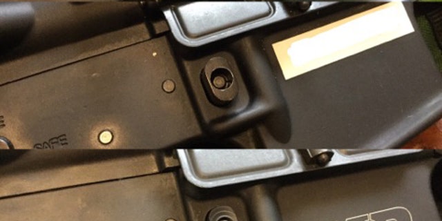 Comparison of California "bullet button" (top) and  "featureless" pattern (bottom) magazine releases.