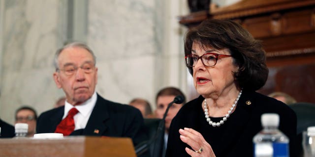Senate Judiciary Committee Chairman Sen. Charles Grassley, R-Iowa listens at left, as the committee's ranking member, Sen. Dianne Feinstein, D-Calif. questions Attorney General-designate, Sen. Jeff Sessions, R-Ala. during Sessions confirmation hearing before the copmmittee, Tuesday, Jan. 10, 2017, on Capitol Hill in Washington.  (AP Photo/Alex Brandon)