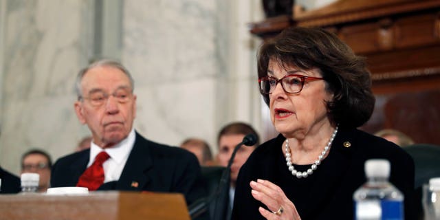 Senate Judiciary Committee Chairman Sen. Charles Grassley, R-Iowa listens at left, as the committee's ranking member, Sen. Dianne Feinstein, D-Calif. questions Attorney General-designate, Sen. Jeff Sessions, R-Ala. during Sessions confirmation hearing before the copmmittee, Tuesday, Jan. 10, 2017, on Capitol Hill in Washington. (AP Photo/Alex Brandon)