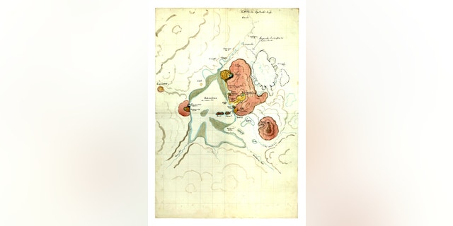 A map made by Hochstetter navigation and georeferencing of this old Lake Rotomahana, around which lay New Zealand's eighth wonder of the world.
