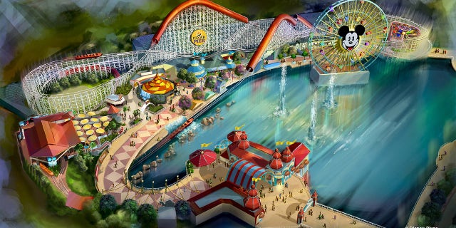 An illustrated bird’s eye view of the planned Pixar Pier.