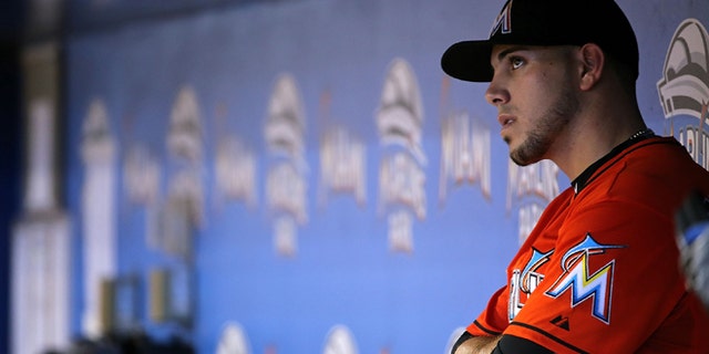 MIAMI, FL - JULY 02: Jose Fernandez #16 of the Miami Marlins looks on during a game against the San Francisco Giants at Marlins Park on July 2, 2015 in Miami, Florida. (Photo by Mike Ehrmann/Getty Images)