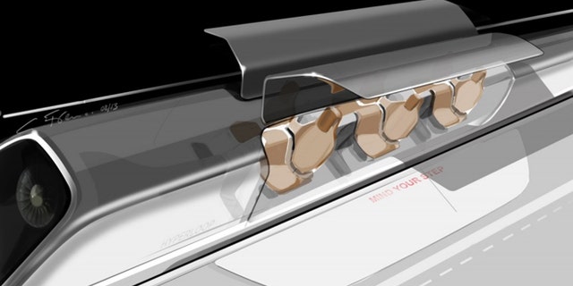 Aug. 12, 2013: An artist's concept of Elon Musk's Hyperloop passenger capsule, with doors open at the station.
