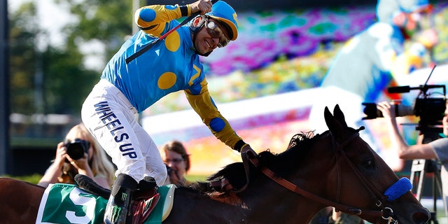 Victor Espinoza reacts after crossing the finish line with American Pharoah to win the 147th running of the Belmont Stakes horse race at Belmont Park, Saturday, June 6, 2015, in Elmont, N.Y. American Pharoah is the first horse to win the Triple Crown since Affirmed won it in 1978. (AP Photo/Kathy Willens)