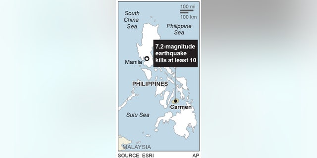 Map locates the city of Carmen in the Philippines; 1c x 3 inches; 46.5 mm x 76 mm;