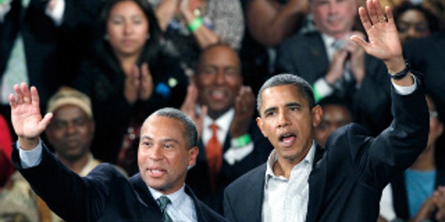 President Barack Obama appears with Massachusetts Governor Deval Patrick (D) at a Boston campaign rally Saturday. (AP Photo)