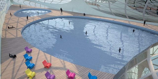 The capsules house rooms, restaurant and luxury facilities, such as a pool, and a helipad.