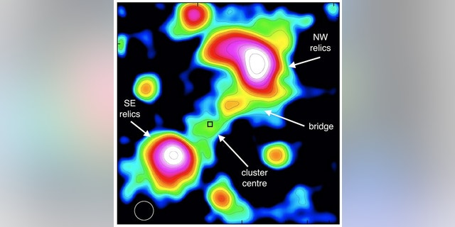 A picture of the galaxy cluster Abell 3667, including the newly found bridge-like structure about 13 million light years long