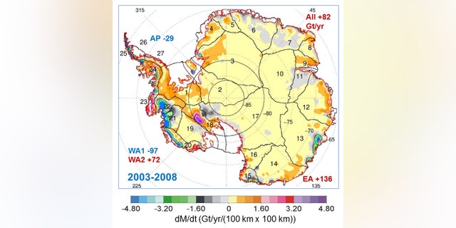 Map showing the rates of mass changes from ICESat 2003-2008 over Antarctica. Sums are for all of Antarctica: East Antarctica (EA, 2-17); interior West Antarctica (WA2, 1, 18, 19, and 23); coastal West Antarctica (WA1, 20-21); and the Antarctic Peninsula (24-27). A gigaton (Gt) corresponds to a billion metric tons, or 1.1 billion U.S. tons.