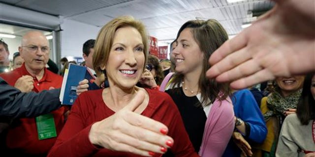 FILE: Sept. 19, 2015: GOP presidential candidate Carly Fiorina at the 2016 Mackinac Republican Leadership Conference, Saturday, Mackinac Island, Mich. (AP)