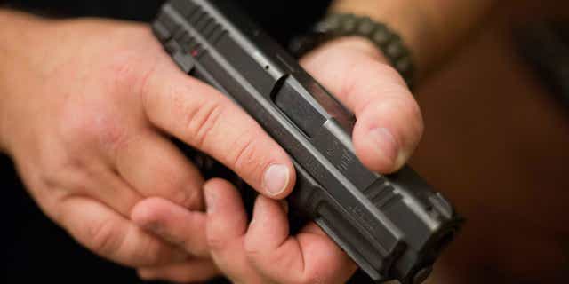Phil Burns, a firearms instructor, holds a handgun that he carries as part of his survival supplies at his home in American Fork, Utah, Dec. 14, 2012. (REUTERS/Jim Urquhart)