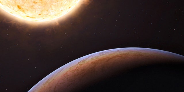 This artist's impression shows HIP 13044b, an exoplanet orbiting a star that entered the Milky Way from another galaxy. The Jupiter-like planet is particularly unusual, as it is orbiting a star nearing the end of its life and could be about to be engulfed by it, giving clues about the fate of our own planetary system in the distant future.