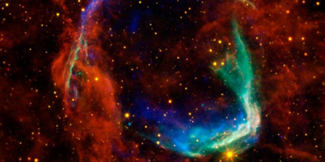 This image combines data from four different space telescopes to create a multi-wavelength view of all that remains of the oldest documented example of a supernova, called RCW 86. The Chinese witnessed the event in 185 A.D., documenting a mysterious "guest star" that remained in the sky for eight months.