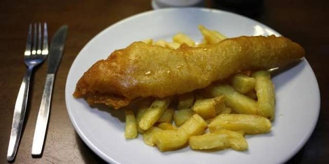 Sept. 8, 2013: Fish and chips are seen in a sea front cafe in Blackpool, northern England.