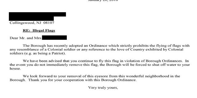 A copy of the the letter the mayor of a New Jersey town sent to a family for having a New England Patriot's flag outside their home.