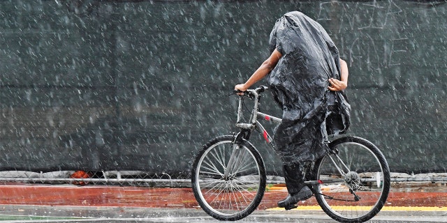 A cyclist tries to stay dry along Collins Ave. in Miami Beach, Fla., on Friday.