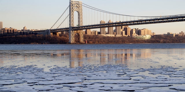 Jan. 2, 2018: Small patches of ice formed along the banks of the Hudson River near the George Washington Bridge in Fort Lee, N.J.