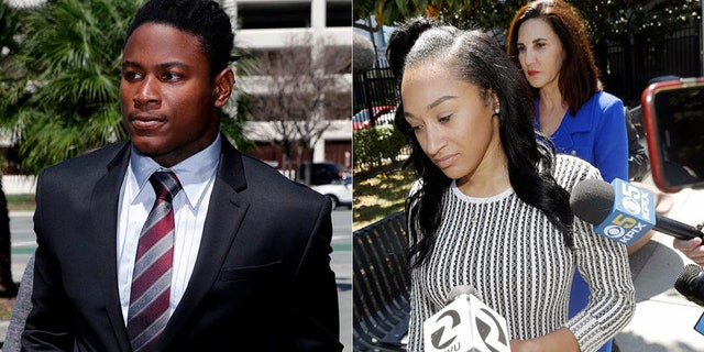At left, Reuben Foster walks into court last month. At right, Elissa Ennis leaves court with attorney Stephanie Rickard Thursday.
