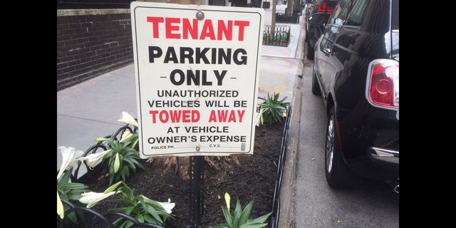 Fake no parking signs are seen outside Madonna's townhome on the Upper East Side of New York City. (FOX 5 NY)