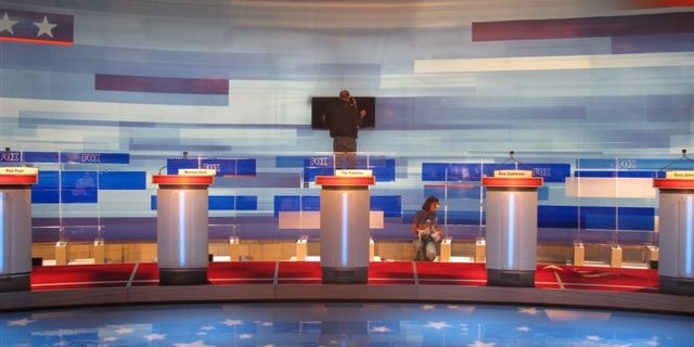 The stage is constructed ahead of the first 2012 presidential debate hosted by FOX News in Greenville, S.C. (Katy Ricalde/Fox News Photo)