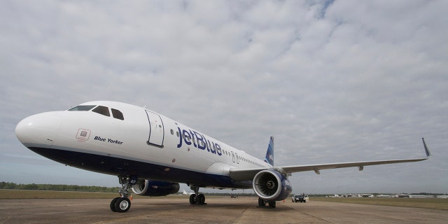 A JetBlue Airbus A320 is pictured on the tarmac in Mobile, Ala., April 8, 2013.