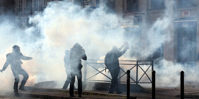 Feb. 22, 2014: Demonstrators clash with French riot police during a demonstration in Nantes as part of a protest against a project to build an international airport, in Notre Dame des Landes, near Nantes.