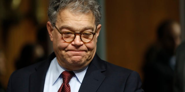 FILE - In this July 12, 2017 file photo, Senate Judiciary Committee member Sen. Al Franken, D-Minn. arrives on Capitol Hill in Washington. Franken apologized Thursday after a Los Angeles radio anchor accused him of forcibly kissing her during a 2006 USO tour and of posing for a photo with his hands on her breasts as she slept. (AP Photo/Pablo Martinez Monsivais)