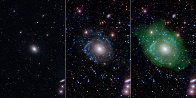 At left, in optical light, UGC 1382 appears to be a simple elliptical galaxy. But spiral arms emerged when astronomers incorporated ultraviolet and deep optical data (middle). Combining that with a view of low-density hydrogen gas (shown in green at right), scientists discovered that UGC 1382 is gigantic.