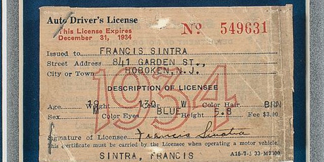 State-issued license sells for over $15,000 and confirms that Frank Sinatra had blue eyes.