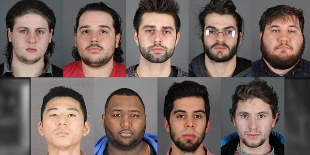 Nine men were arrested at a State University of New York school Wednesday for alleged hazing and animal cruelty.