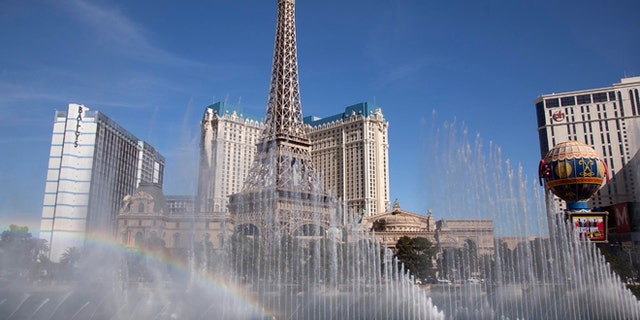 March 20, 2012: This file photo shows the Bellagio fountain spraying in sync with music during one of its afternoon shows in Las Vegas.