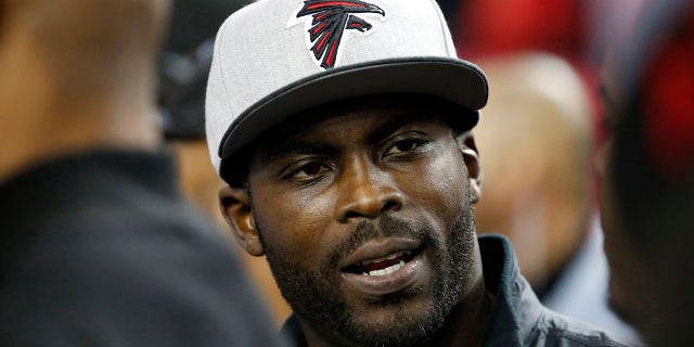 Former Atlanta Falcons quarterback Michael Vick during pregame before the Falcons game against the New Orleans Saints at the Georgia Dome.