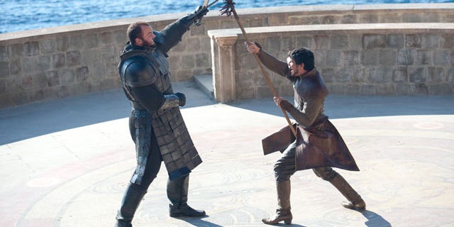 Duel to the Death: The Mountain (Hafthor Julius Bjornsson) squares off against Oberyn Martell (Pedro Pascal) (Courtesy HBO)
